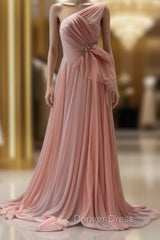 Peach A-Line One Shoulder Chiffon Long Prom Dresses Simple Bridal Dresses