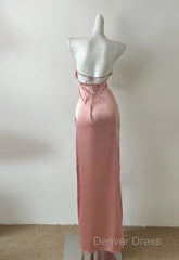 Peach Pink Diamond Spaghetti Strap Satin Bodycon Ball Dresses