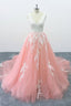 Peach Pink Tulle Cathedral Train Lace Wedding Dress, Formal Halter Prom Dress