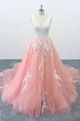 Peach Pink Tulle Cathedral Train Lace Wedding Dress, Formal Halter Prom Dress