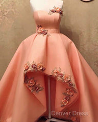 Peach Sweetheart High Low Dresses With 3D Flowers