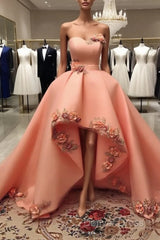 Peach Sweetheart High Low Dresses With 3D Flowers