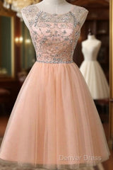 Peach Tulle Beaded Short Cute Homecoming Dresses