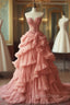 Peach Vintage A Line Sweetheart Neck Long Ball Gowns Sweet Beaded Applique Dresses