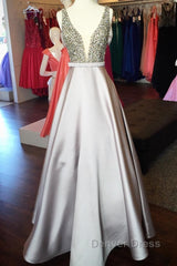 Pearl Beaded V Neck Long Silver Satin Prom Dresses Floor Length