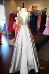 Pearl Beaded V Neck Long Silver Satin Prom Dresses Floor Length