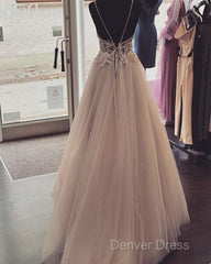 Pearl Pink Tulle Prom Dresses V Neck Appliques