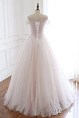 Pearl Pink Straps A Line Tulle Long Prom Dresses with Pearls, Long Formal Gown