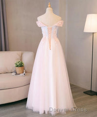 Light Pink Lace Off Shoulder Lonng Prom Dresses, Pink Evening Dresses
