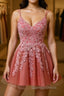 Pink A Line Double Straps V Neck Lace Up Applique Mini Homecoming Dresses