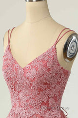 Pink A-line Double Straps V Neck Lace-Up Applique Mini Homecoming Dresses