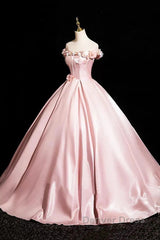 Pink A-Line Off Shoulder Satin Long Prom Dresses, Beautiful A-Line Off The Shoulder Party Dresses