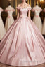 Pink A-Line Off Shoulder Satin Long Prom Dresses, Beautiful A-Line Off The Shoulder Party Dresses