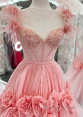 Pink A-Line Off The Shoulder Lace Tulle Long Prom Dresses, Sweet 16 Dresses