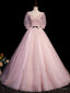 Pink A Line Puffy Sleeves Tulle Long Prom Dress, Pink Sweet 16 Dresses