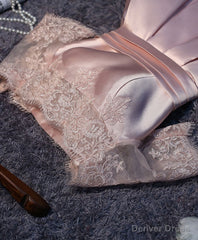 Pink A Line Satin Lace Short Prom Dress, Pink Homecoming Dress