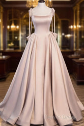 Pink A Line Satin Long Prom Dresses Formal Evening Dresses