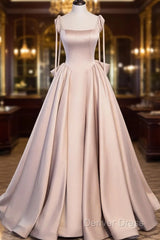 Pink A Line Satin Long Prom Dresses Formal Evening Dresses