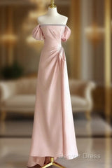 Pink A-Line Satin Long Prom Dresses, Off Shoulder Pink Long Evening Dresses