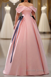 Pink A-Line Satin Off Shoulder Long Prom Dresses, Pink Formal Evening Dresses