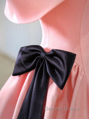Pink A-Line Satin Off Shoulder Long Prom Dresses, Pink Formal Evening Dresses
