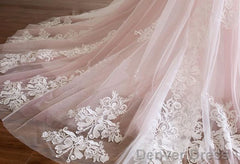 Pink A Line Spaghetti Strap Tulle Beaded Long Prom Dress Sweet Applique Wedding Dress