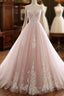 Pink A Line Spaghetti Strap Tulle Beaded Long Prom Dresses Sweet Applique Wedding Dresses
