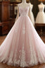 Pink A Line Spaghetti Strap Tulle Beaded Long Prom Dress Sweet Applique Wedding Dresses