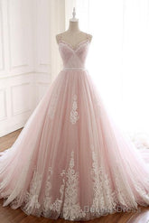 Pink A Line Spaghetti Strap Tulle Beaded Long Prom Dress Sweet Applique Wedding Dress