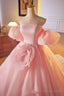 Pink A Line Sweetheart Ball Gowns Prom Dress with Flowers, Off the Shoulder Prom Dresses