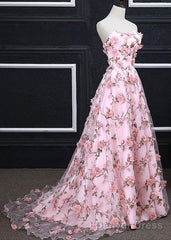 Pink A-Line Sweetheart Strapless Sweep Train Floral Print Long Lace Prom Dresses With Flowers