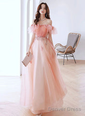 Pink A-Line Tulle Off Shoulder Beaded Prom Dress, Pink Tulle Evening Dress
