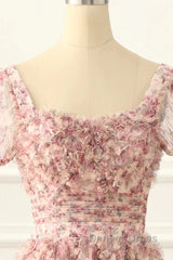 Pink A-Line Tulle Pleated Floral Long Prom Dresses Adult Ceremony Graduation Prom Dresses