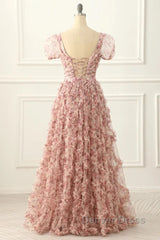 Pink A-Line Tulle Pleated Floral Long Prom Dresses Adult Ceremony Graduation Prom Dresses