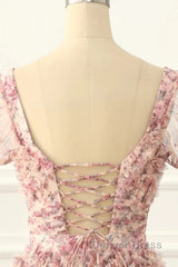 Pink A-Line Tulle Pleated Floral Long Prom Dresses Adult Ceremony Graduation Prom Dresses