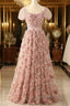 Pink A-Line Tulle Pleated Floral Long Prom Dresses Adult Ceremony Graduation Prom Dresses