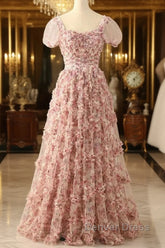 Pink A-Line Tulle Pleated Floral Long Prom Dresses Adult Ceremony Graduation Prom Dresses