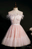 Pink A Line Tulle Short Prom Dress with Feather, Pink Strapless Prom Dresses