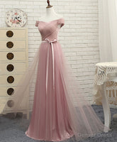 Pink A LineTulle Off Shoulder Long Prom Dress, Evening Dress