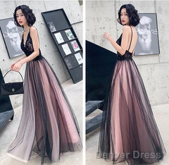 Pink And Black Stylish Tulle With Lace Long Formal Dresses, A-Line Tulle Evening Dresses