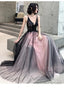 Pink And Black Stylish Tulle With Lace Long Prom Dress, A-Line Tulle Prom Dresses