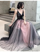 Pink And Black Stylish Tulle With Lace Long Formal Dresses, A-Line Tulle Evening Dresses