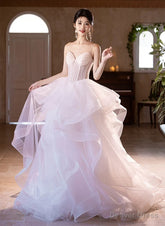 Pink and White Tulle Beaded Layers Sweet 16 Dress, Tulle Long Prom Dress