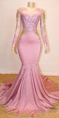 Pink Appliques Long Sleevess Prom Dresses New Arrival Gorgeous Mermaid Evening Gowns