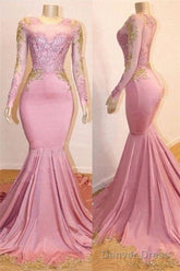 Pink Appliques Long Sleevess Prom Dresses New Arrival Gorgeous Mermaid Evening Gowns