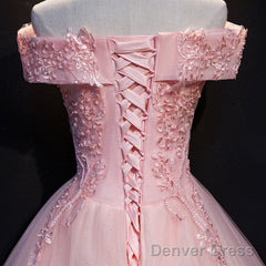 Pink Ball Gown Long Tulle Party Dress, Off Shoulder Prom Dress