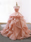 Pink Ball Gowns Organza Bateau Bakless Wedding Dresses With Beading