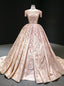 Pink Ball Gowns Satin Sequins Cap Sleeve Embroidery Beading Prom Dresses