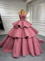 Pink Ball Gowns Tulle Halter Tiers Prom Dresses