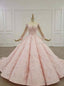 Pink Ball Gowns Tulle Lace Appliques Long Sleeve Beading Wedding Dresses